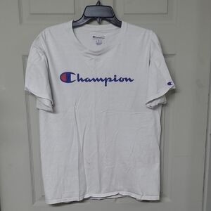 3/$30* Champion White T-shirt Logo Script Embroidered Logo Left Sleeve Large
